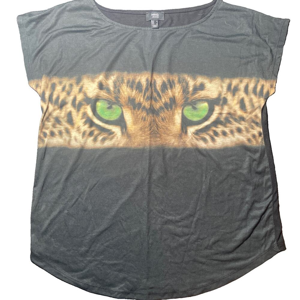 MNG Jeans Women’s XL Leopard Eyes Graphic Tee Black Animal Print Cap Sleeve Y2K